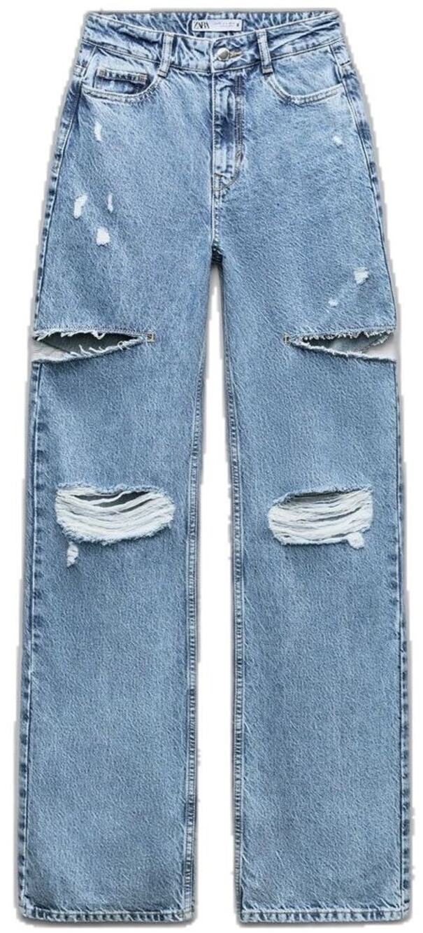 Zara Blue Denim Straight Leg High Rise Distressed Cut Destructed Jeans Size 4